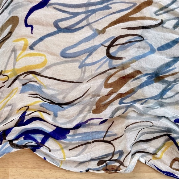 Brown Blue and White Abstract Pattern Print Thin Knit Scarf Shawl with Fringe - Picture 7 of 11